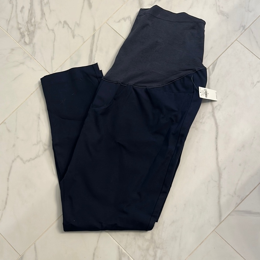 Navy Maternity Ankle Pants with Stretch Panel